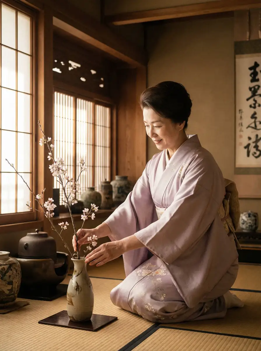 一位优雅的 永利集团平台 在和室中插花